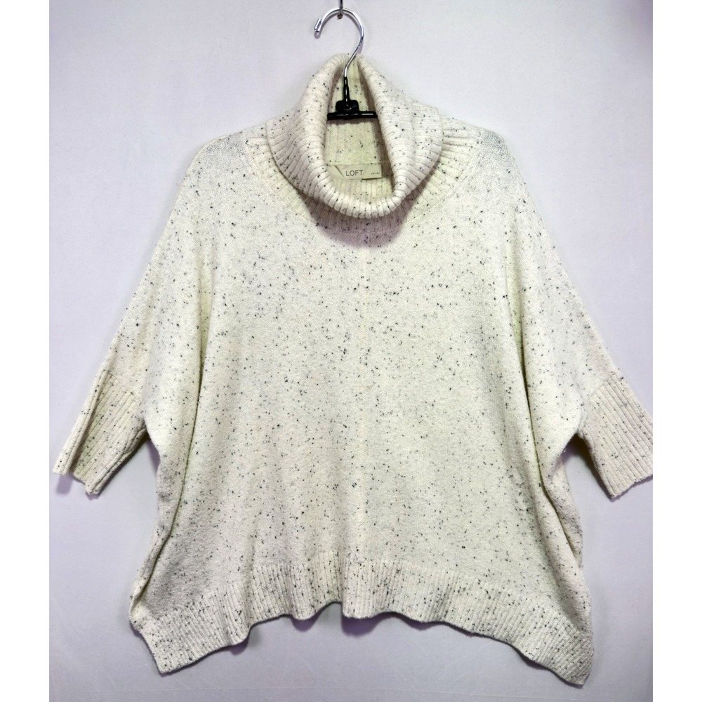 LOFT Petite S Speckled Cowl Neck Poncho Sweater Ivory Oversized Dolman Cotton